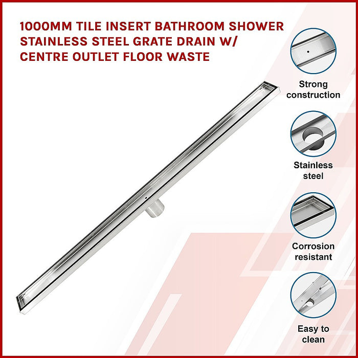 900mm Tile Insert Bathroom Shower Stainless Steel Grate Drain w/Centre outlet Floor Waste