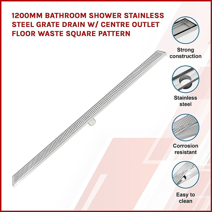 1200mm Bathroom Shower Stainless Steel Grate Drain w/Centre outlet Floor Waste Square Pattern