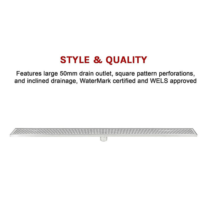 1200mm Bathroom Shower Stainless Steel Grate Drain w/Centre outlet Floor Waste Square Pattern