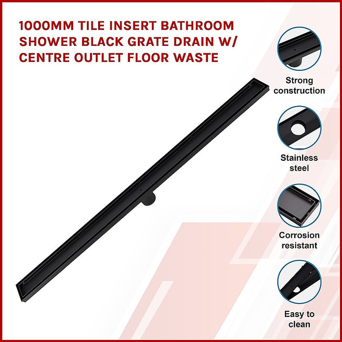 1000mm Tile Insert Bathroom Shower Black Grate Drain w/Centre outlet Floor Waste