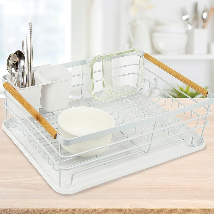 Metal Dish Drying Rack Drainboard Holder Tray Kitchen Plates Cutlery Wood Handle