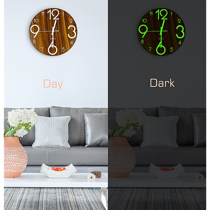 Glow In Dark Wall Clock Luminous Quartz Wooden Non Ticking Home Decor 12''/30cm