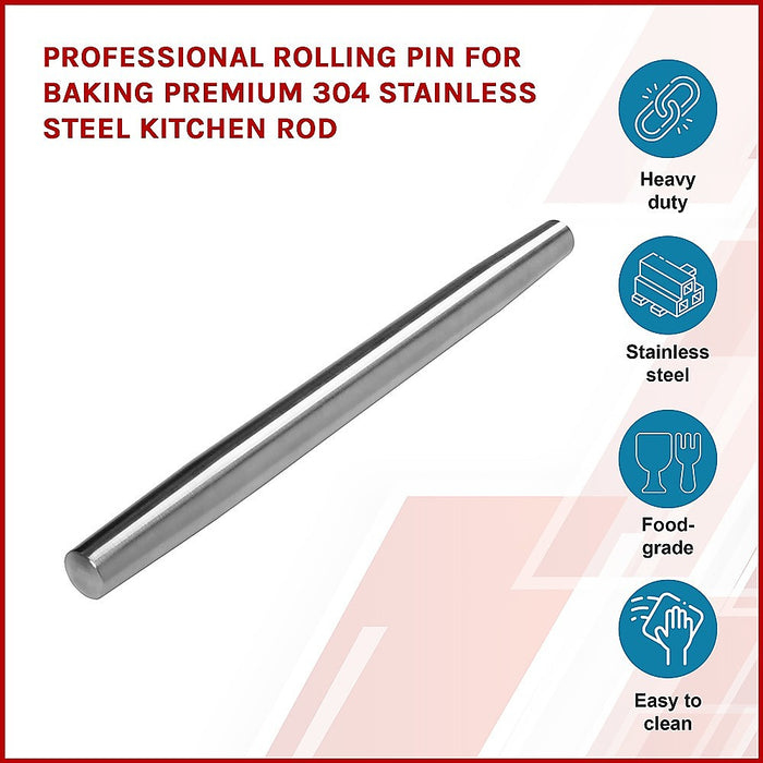 Professional Rolling Pin for Baking Premium 304 Stainless Steel Kitchen Rod