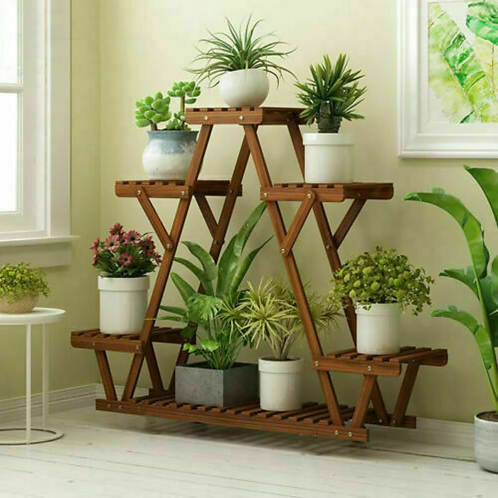 Wood Plant Stand Indoor Outdoor Carbonized Triangle Corner Plant Rack