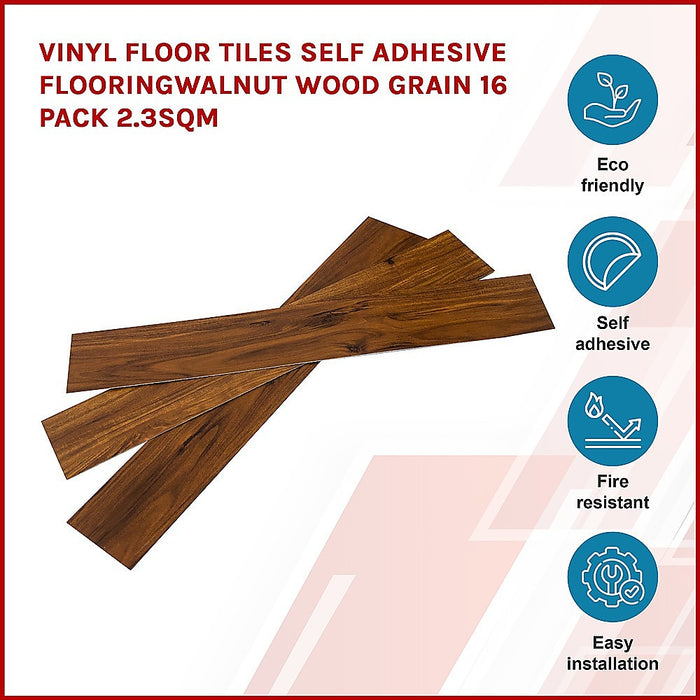 Vinyl Floor Tiles Self Adhesive Flooring Walnut Wood Grain 16 Pack 2.3SQM