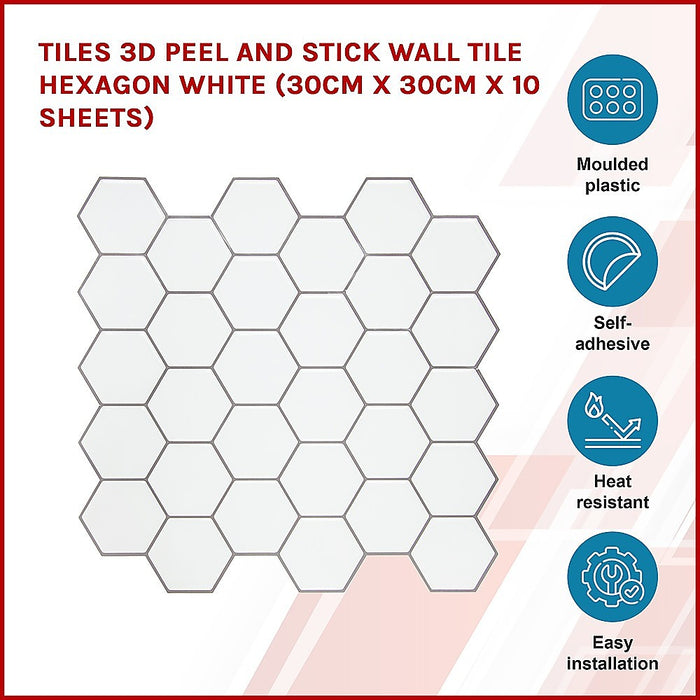 Tiles 3D Peel and Stick Wall Tile Hexagon White (30cm x 30cm x 10 sheets)