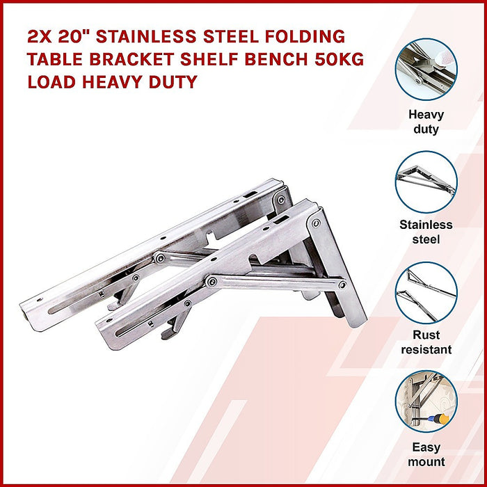 2x 20" Stainless Steel Folding Table Bracket Shelf Bench 50kg Load Heavy Duty