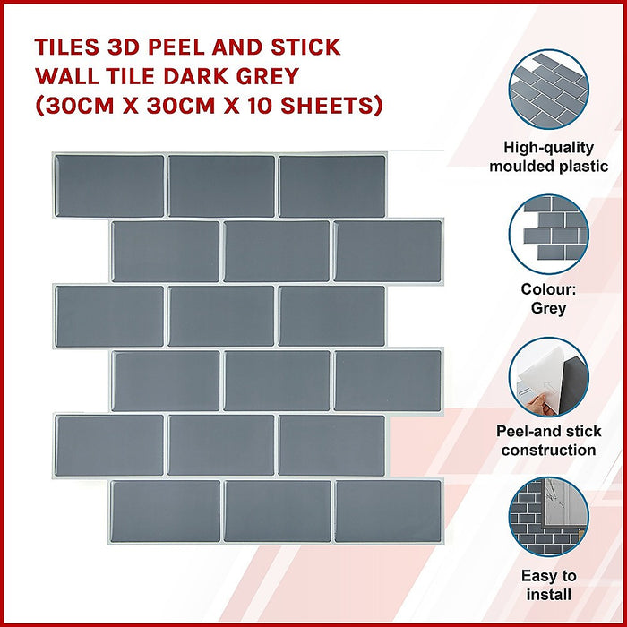 Tiles 3D Peel and Stick Wall Tile Dark Grey 10 Sheets