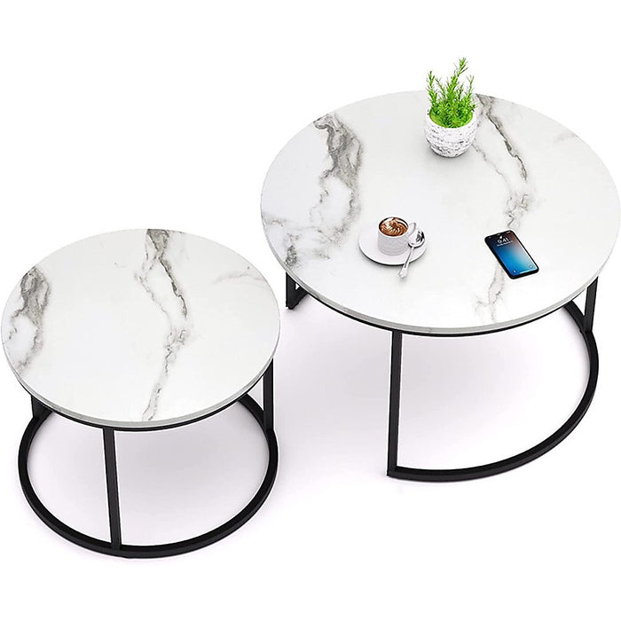 Set of 2 Coffee Table Round Marble Nesting Side End Table Furniture