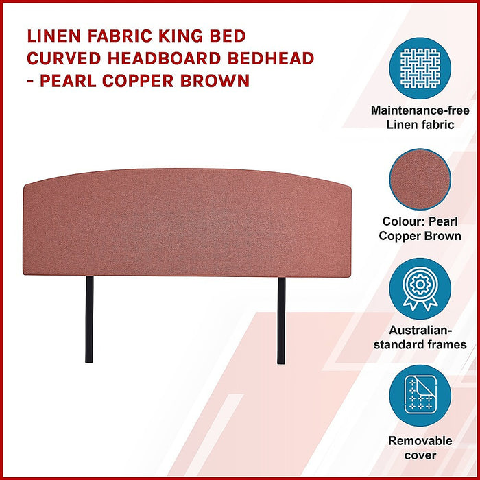 Linen Fabric King Bed Curved Headboard Bedhead - Pearl Copper Brown