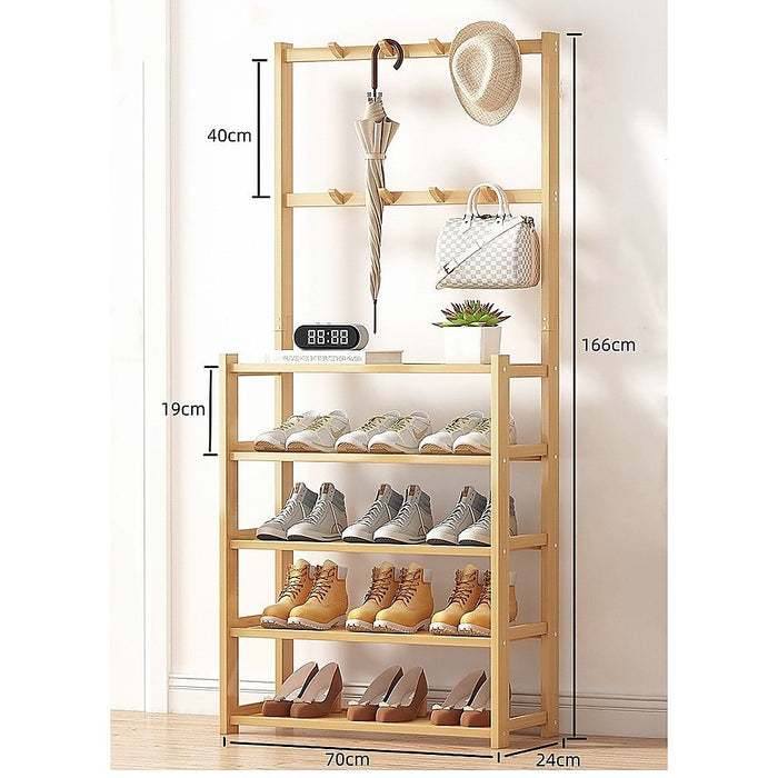 Large Wooden 5 Tiers Hat Coat Stand Clothes Shoe Rack Hanger Hooks Shelf Storage