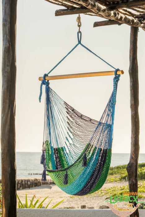 Mayan Legacy Extra Large Outdoor Cotton Mexican Hammock Chair in Oceanica Colour