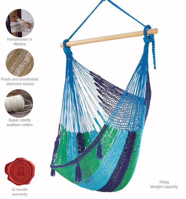 Mayan Legacy Extra Large Outdoor Cotton Mexican Hammock Chair in Oceanica Colour